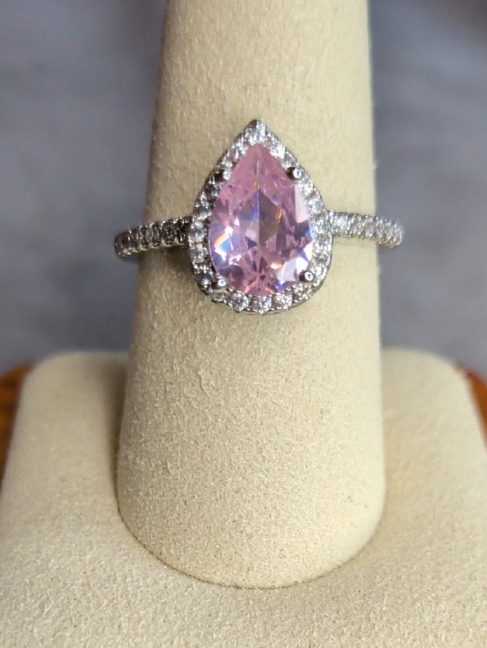 Halo Pink Pear-Cut Crystal Ring With WG